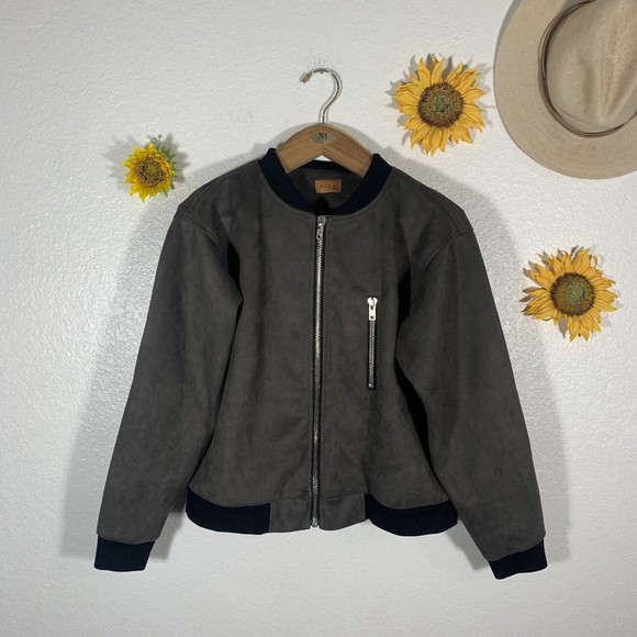 POL gray faux suede zippered aviator jacket size small womens - Picture 1 of 12